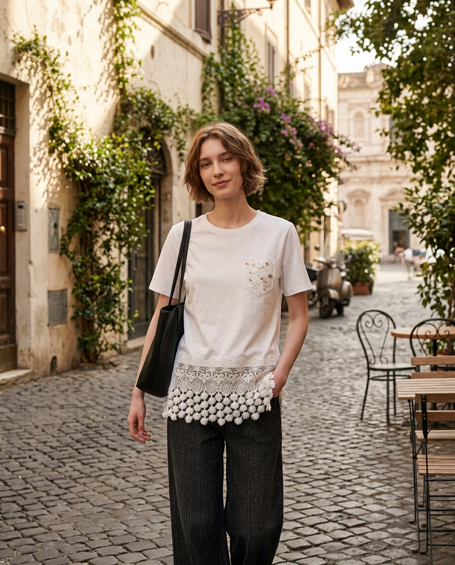 Playera con Bolsillo Bordado y Crochet Beis - nn.studio Style 6793