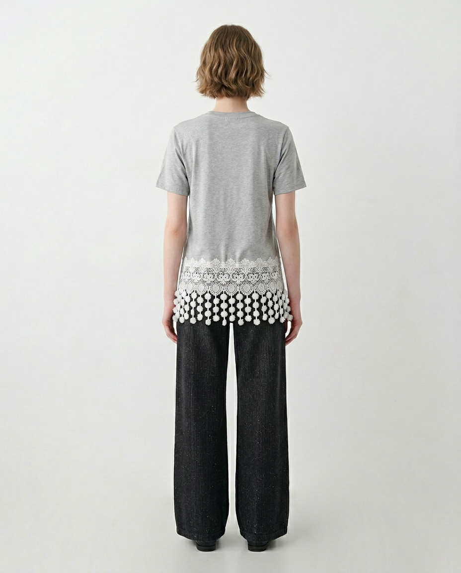 Playera con Bolsillo Bordado y Crochet Gris - nn.studio Style 6793