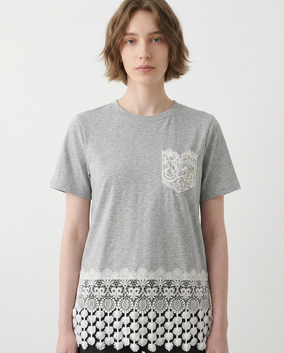 Playera con Bolsillo Bordado y Crochet Gris - nn.studio Style 6793