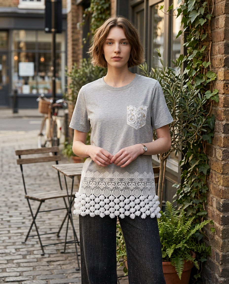 Playera con Bolsillo Bordado y Crochet Gris - nn.studio Style 6793