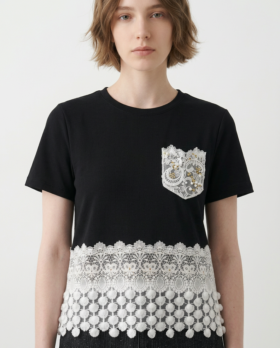 Playera con Bolsillo Bordado y Crochet Negro - nn.studio Style 6793