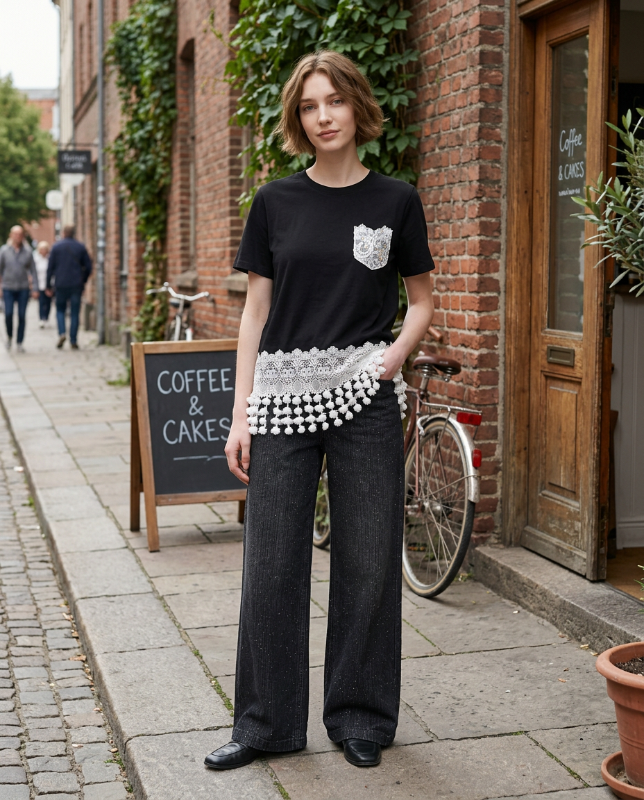 Playera con Bolsillo Bordado y Crochet Negro - nn.studio Style 6793