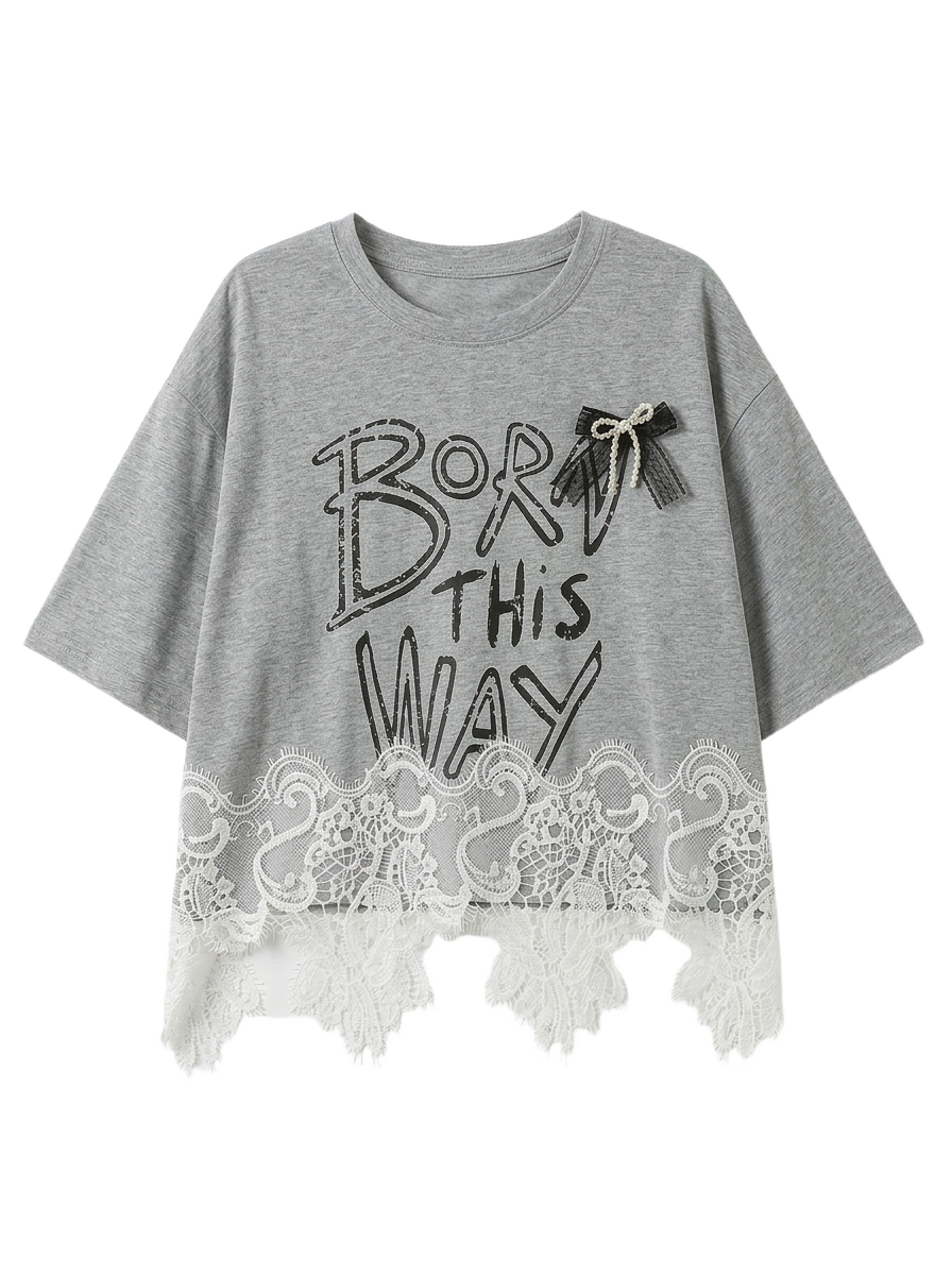 Playera "Born This Way" con Encaje Gris - nn.studio Style 6795