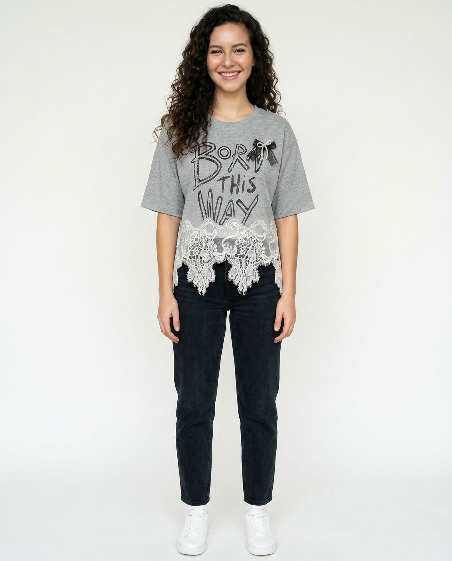 Playera "Born This Way" con Encaje Gris - nn.studio Style 6795