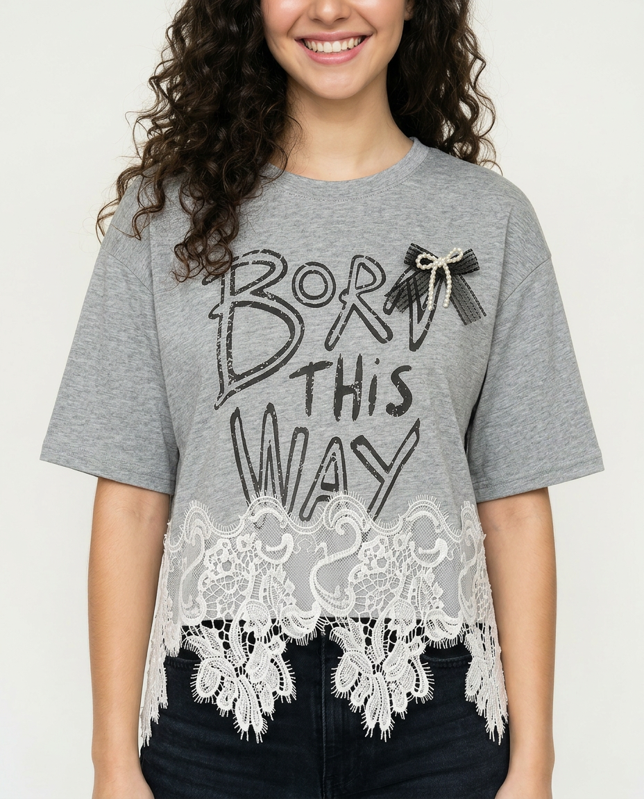 Playera "Born This Way" con Encaje Gris - nn.studio Style 6795