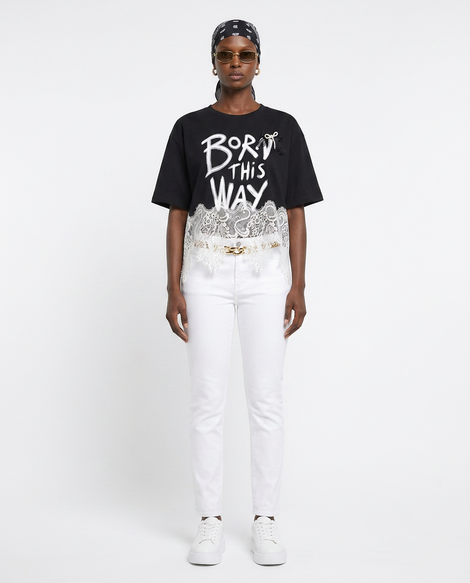 Playera "Born This Way" con Encaje Negro - nn.studio Style 6795