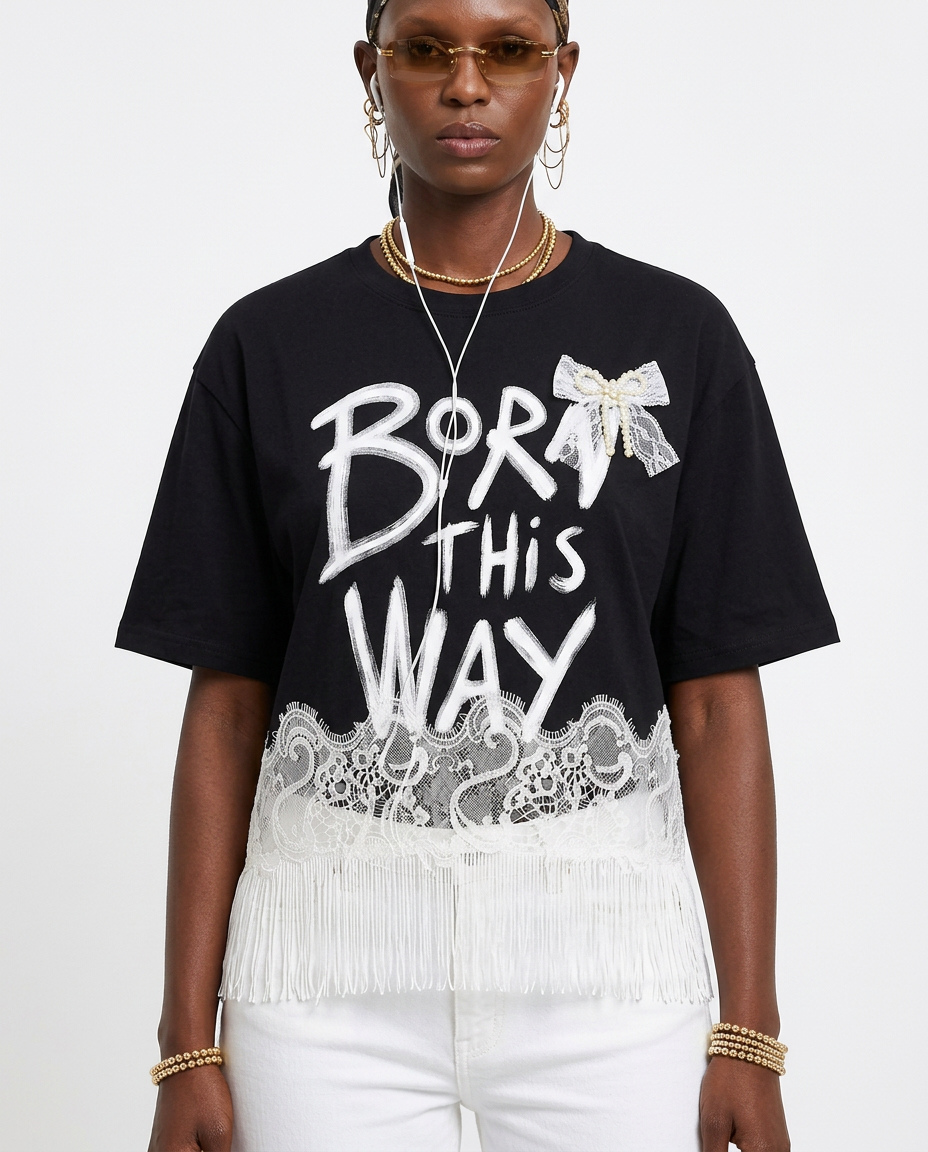 Playera "Born This Way" con Encaje Negro - nn.studio Style 6795