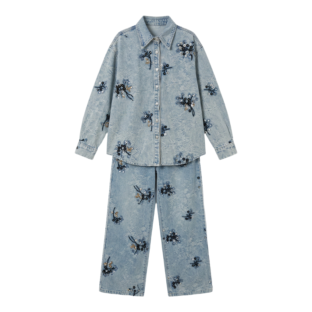Conjunto Denim 2 Piezas Bordado Mariposas Azul denim - nn.studio Style Y3573