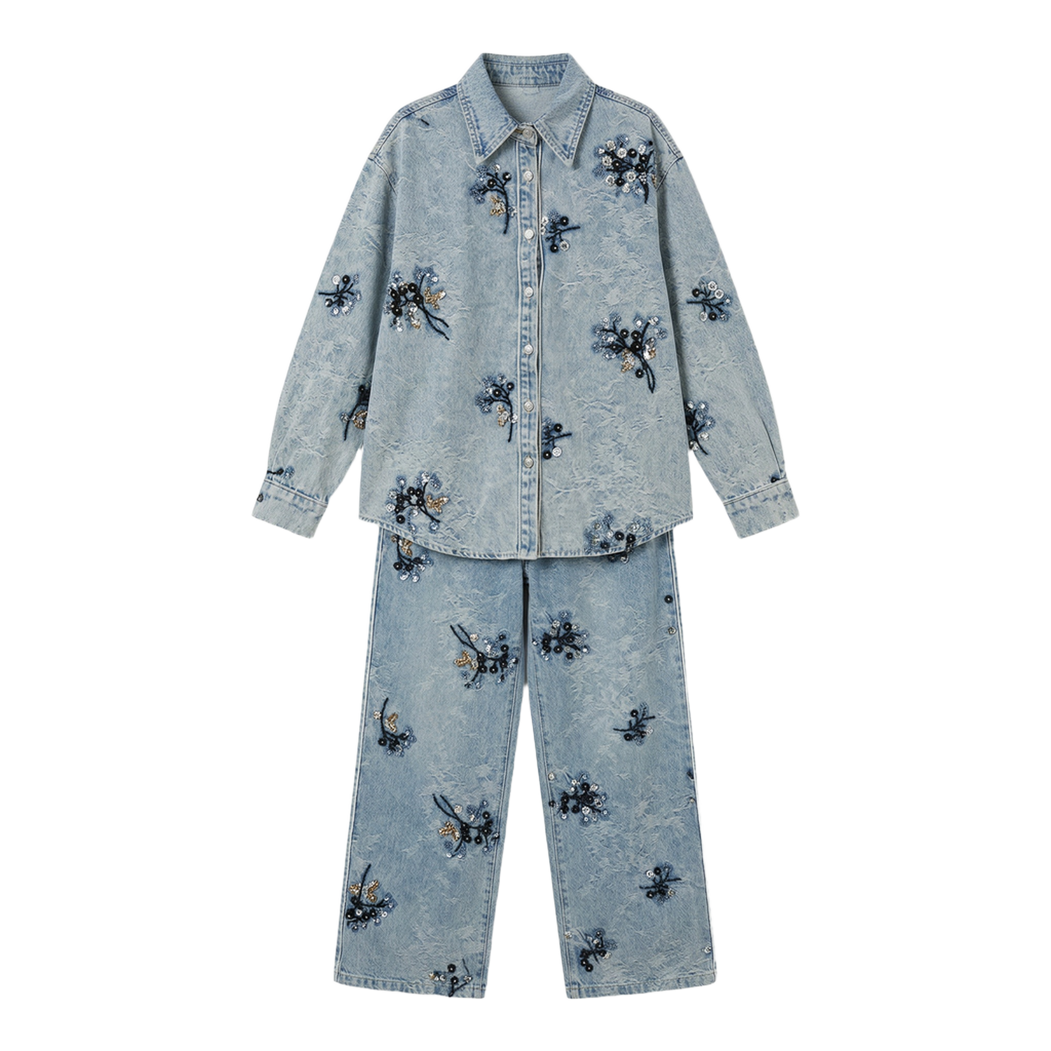 Conjunto Denim 2 Piezas Bordado Mariposas Azul denim - nn.studio Style Y3573