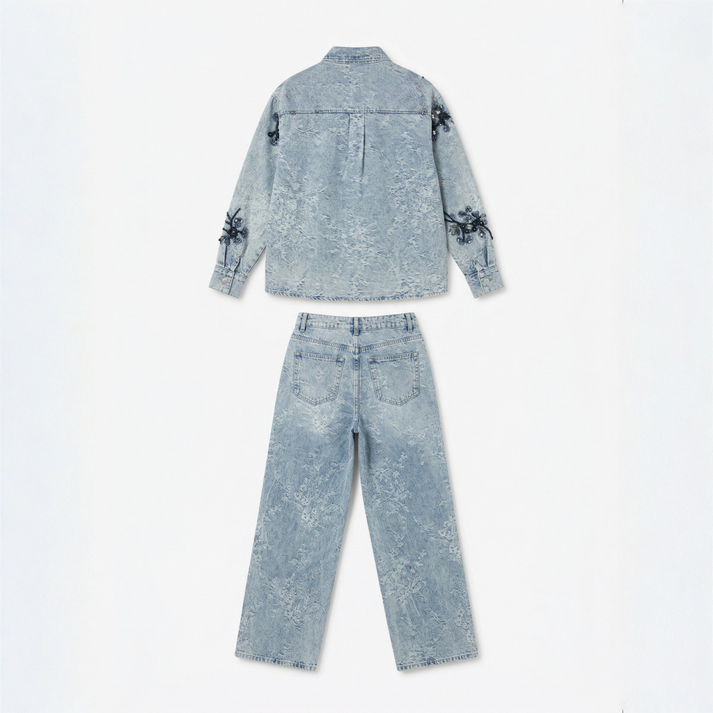 Conjunto Denim 2 Piezas Bordado Mariposas Azul denim - nn.studio Style Y3573