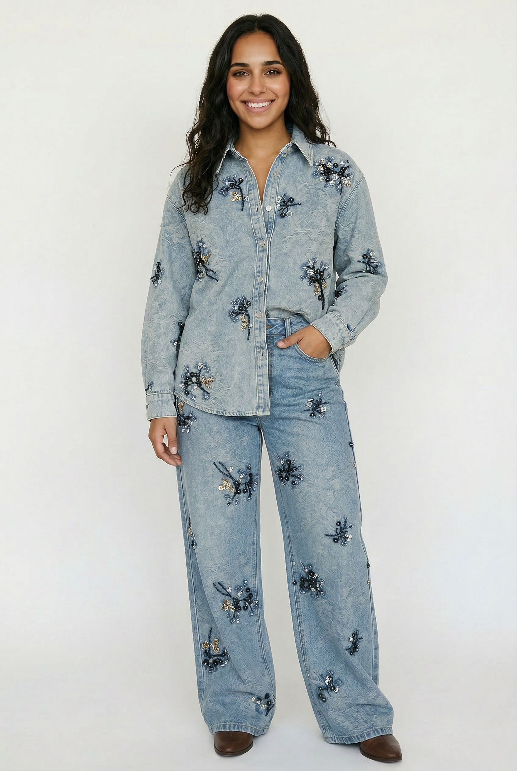 Conjunto Denim 2 Piezas Bordado Mariposas Azul denim - nn.studio Style Y3573