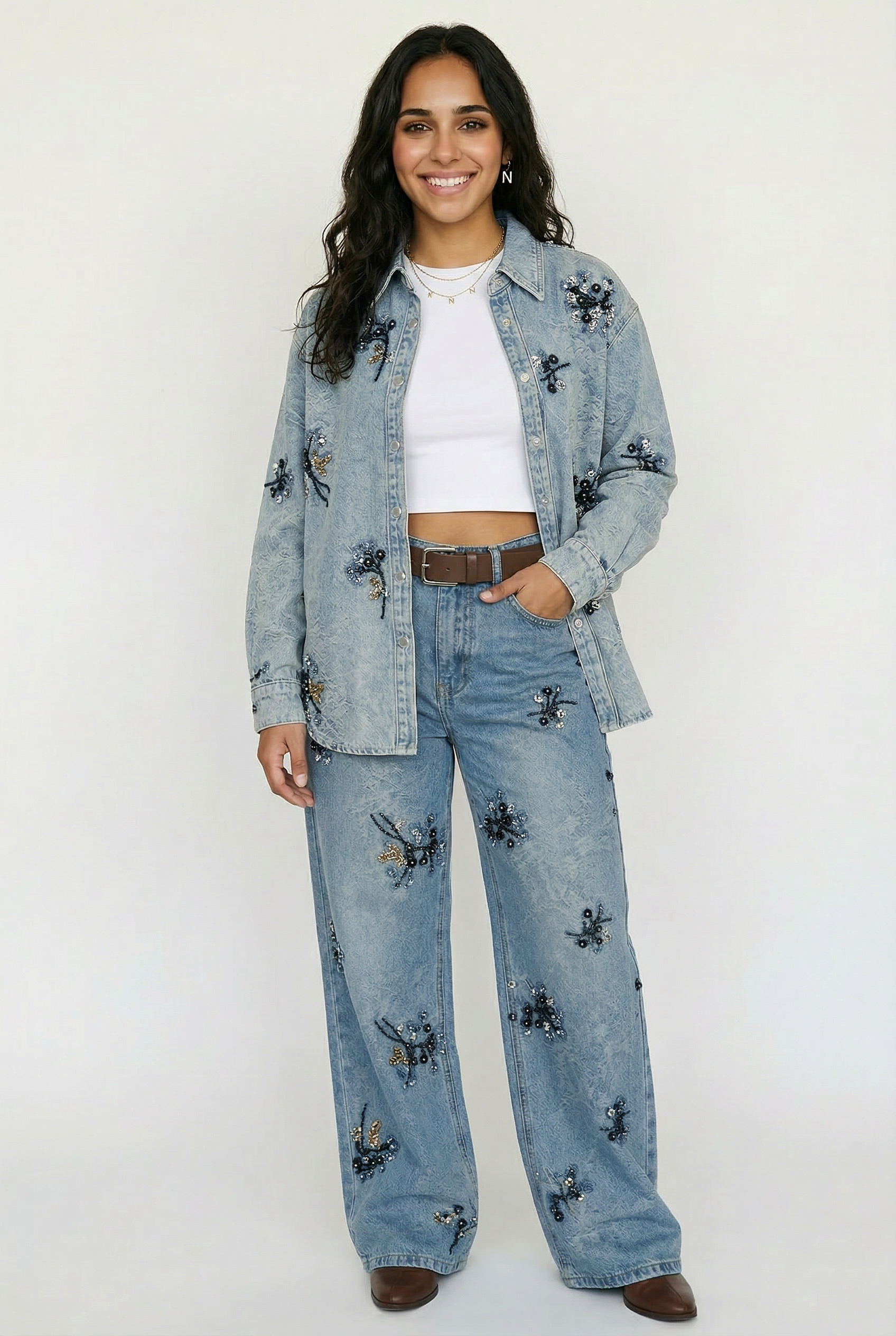 Conjunto Denim 2 Piezas Bordado Mariposas Azul denim - nn.studio Style Y3573