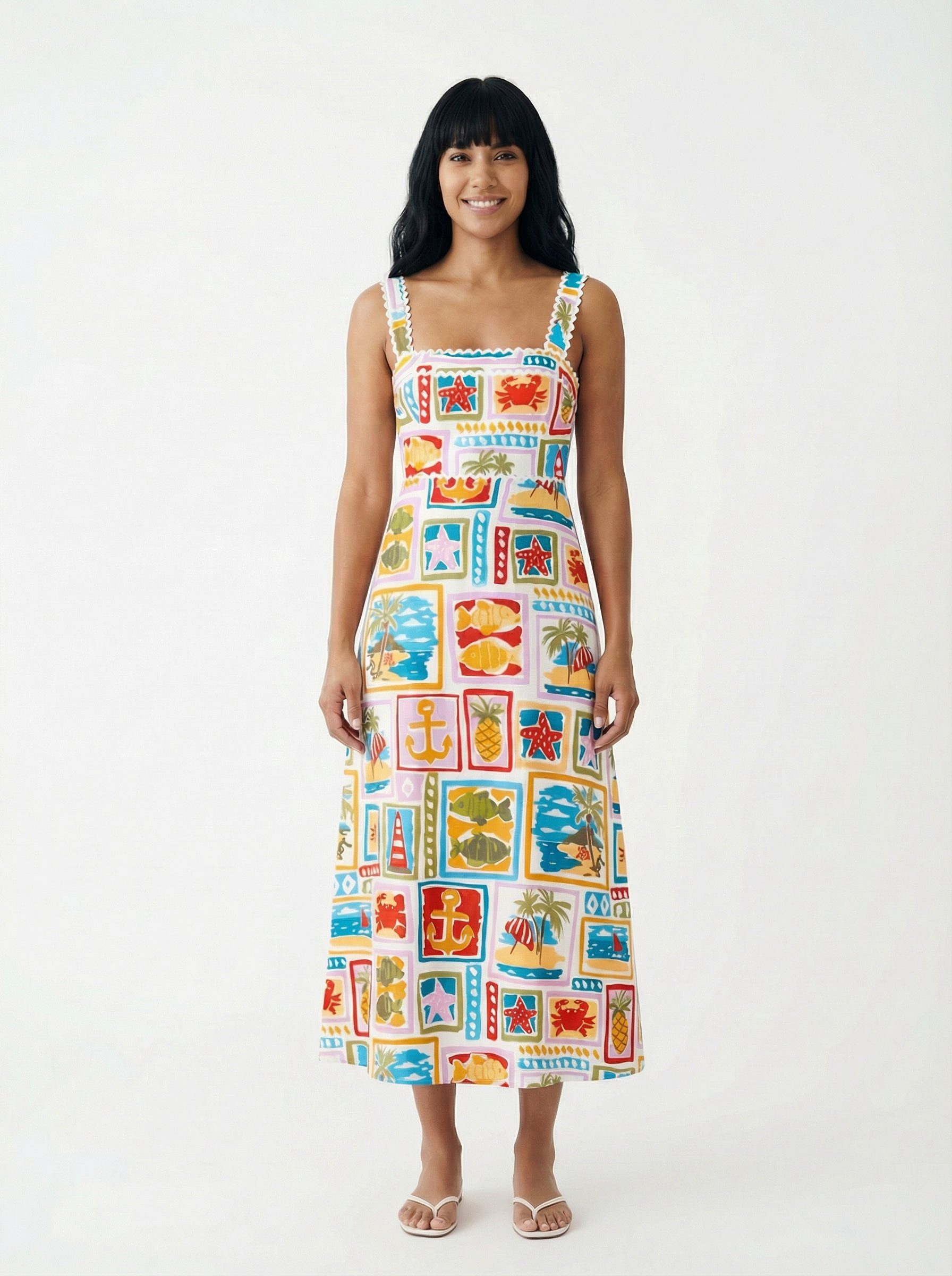 Vestido Midi Estampado Marino Blanco con estampado marino colorido - nn.studio Style 2467