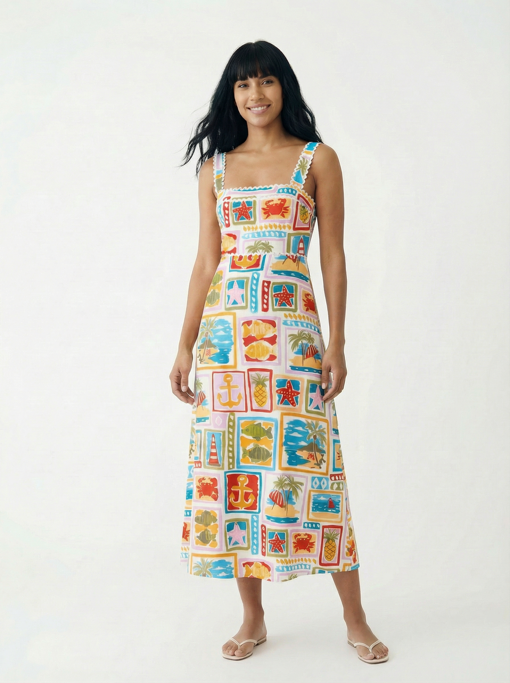Vestido Midi Estampado Marino Blanco con estampado marino colorido - nn.studio Style 2467