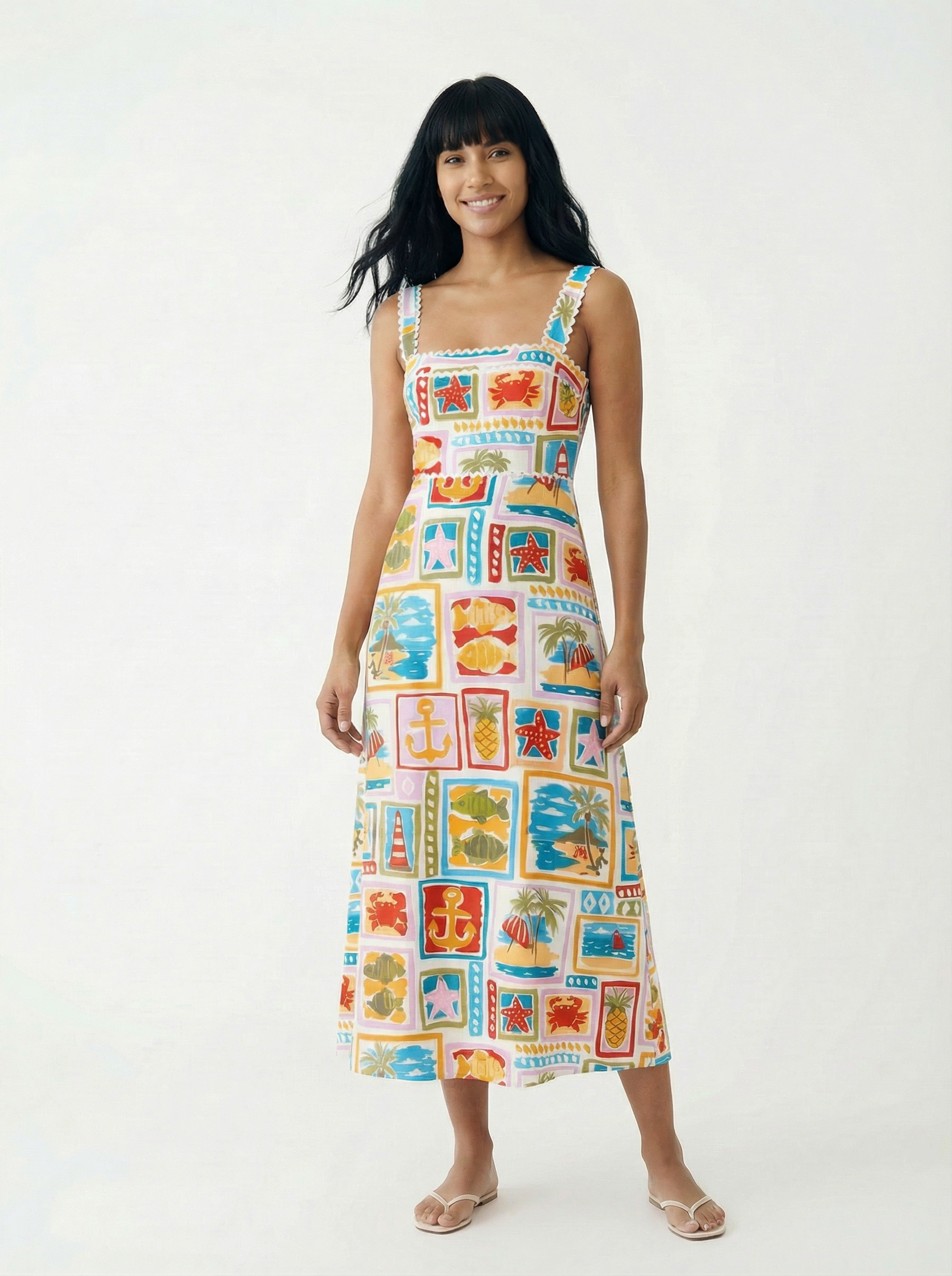 Vestido Midi Estampado Marino Blanco con estampado marino colorido - nn.studio Style 2467