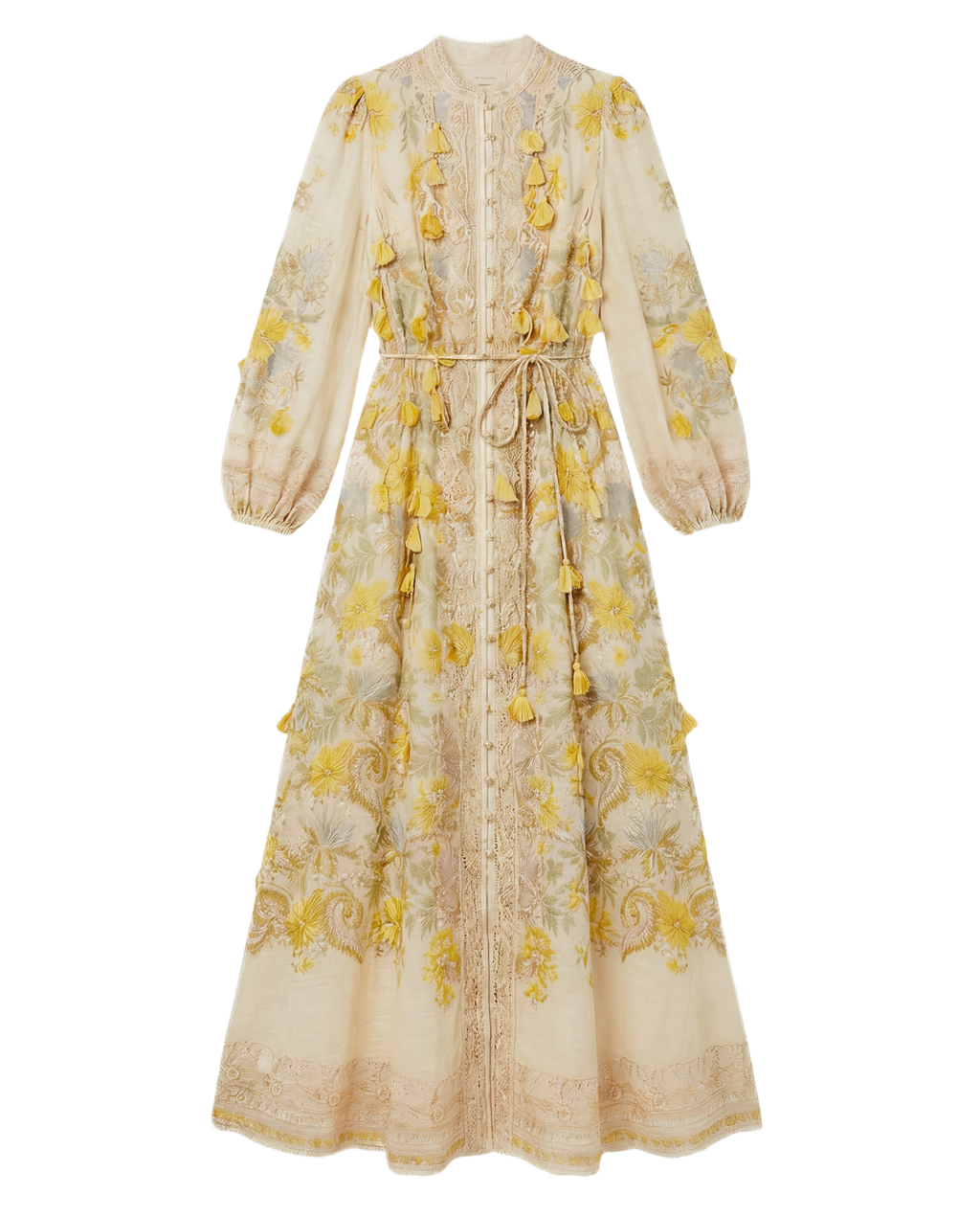 Vestido Maxi Floral con Borlas Crema con flores amarillas y azules - nn.studio Style 9125-A