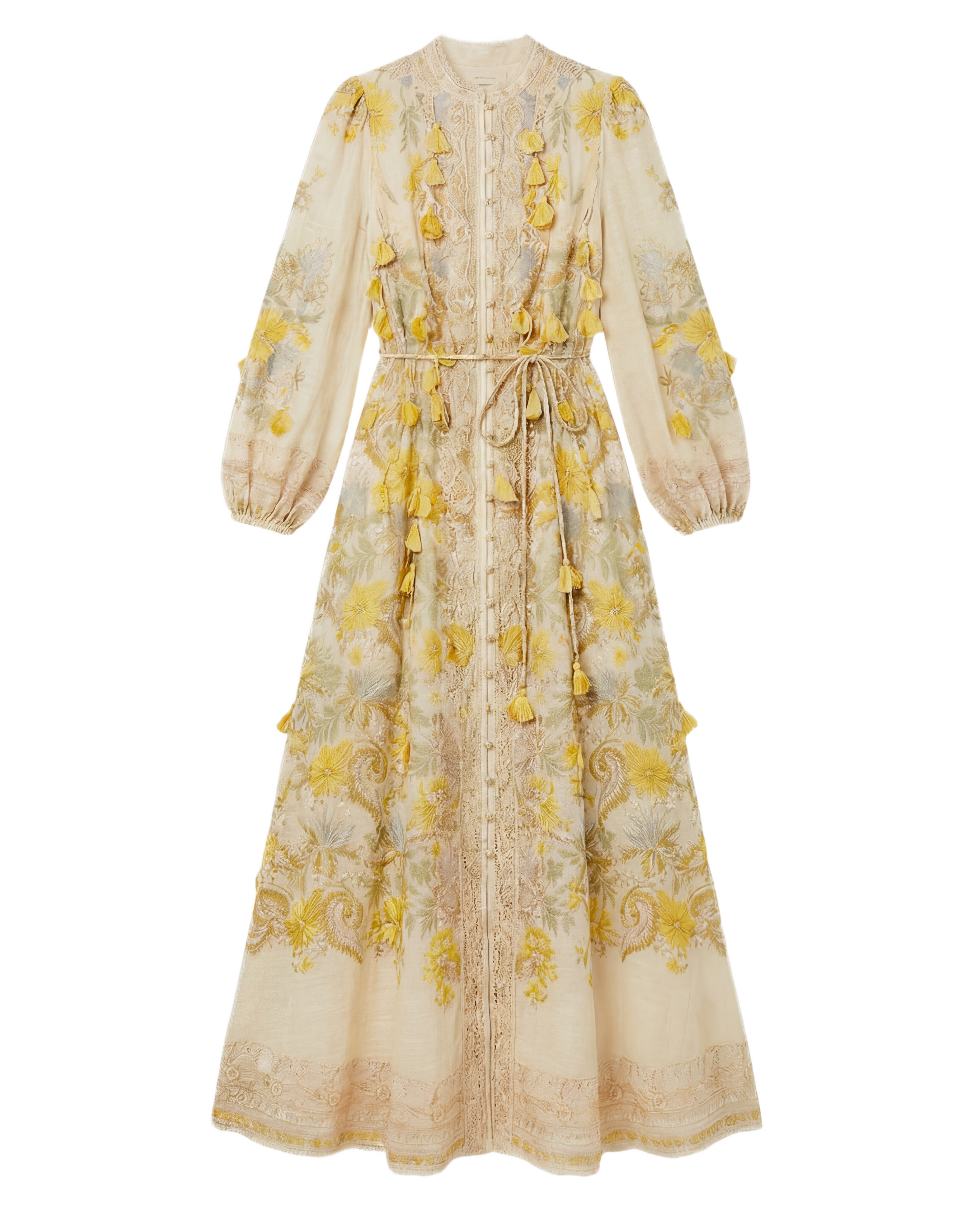 Vestido Maxi Floral con Borlas Crema con flores amarillas y azules - nn.studio Style 9125-A