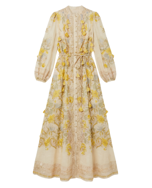 Vestido Maxi Floral con Borlas Crema con flores amarillas y azules - nn.studio Style 9125-A
