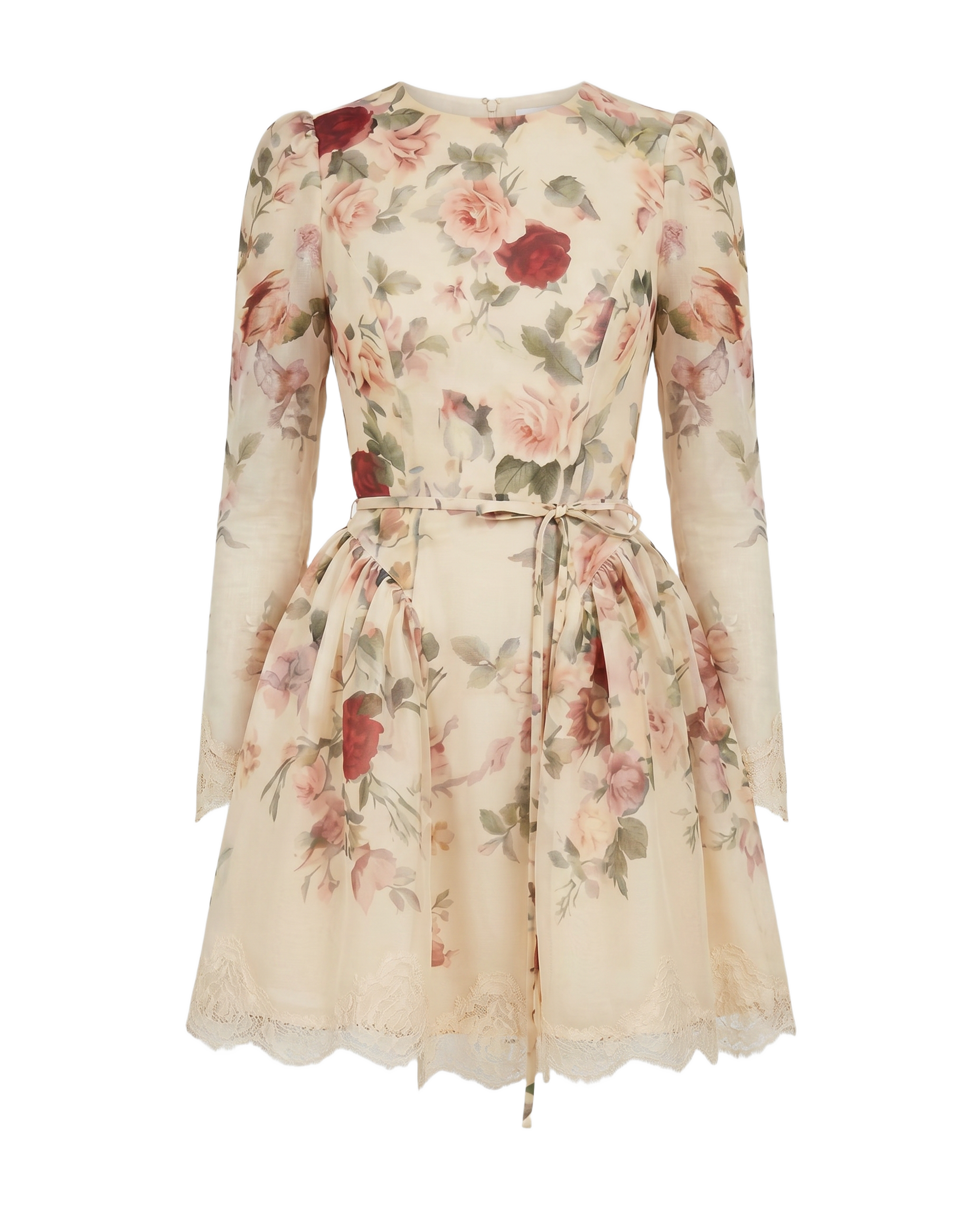 Vestido Mini Floral con Orilla de Encaje Crema con rosas rojas y rosas - nn.studio Style 9129
