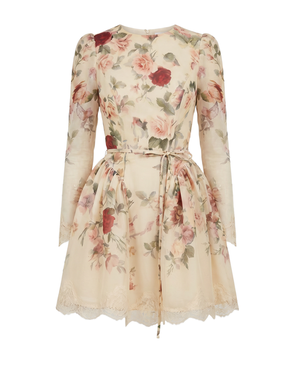 Vestido Mini Floral con Orilla de Encaje Crema con rosas rojas y rosas - nn.studio Style 9129